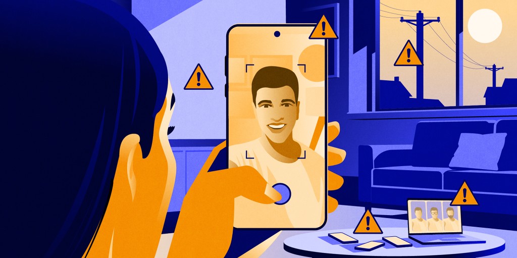 Person holding phone with face verification, surrounded by warning signs
